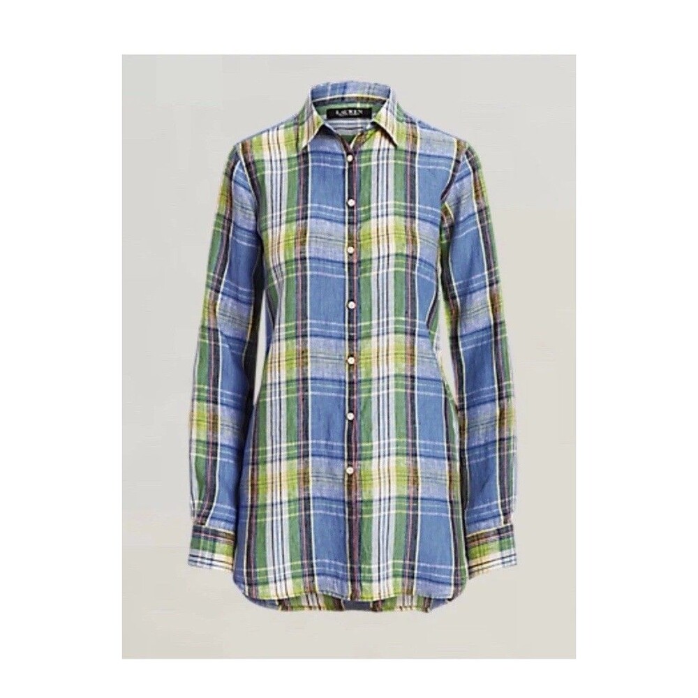 Lauren Ralph Lauren Plaid Multicolored Button Up Linen Shirt Sz M $125 NWT